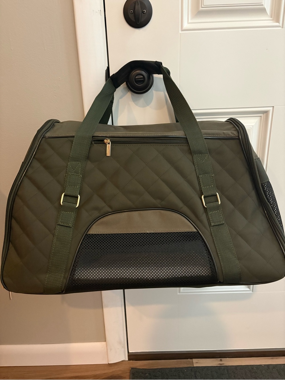 Olive Green Quilted Dog Carrier Tote with Mesh Ventilation